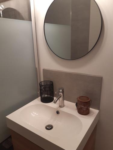 阿卡雄VILLA DEGANNE T2 Plein sud的一间带水槽和镜子的浴室