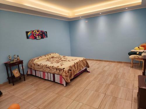 伊瓜苏港El Olimpo的一间设有床铺的卧室,位于一间拥有蓝色墙壁的房间