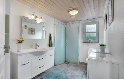 莱姆维Stunning Home In Lemvig With House Sea View的白色的浴室设有水槽和窗户。