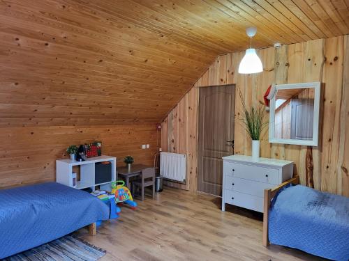 VidrižiVēverkalni的一间带木墙的卧室、一张床和电视