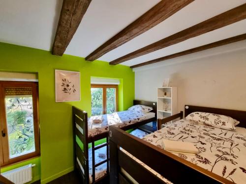 里耶卡Das Hostel Rijeka的绿墙客房内的两张床
