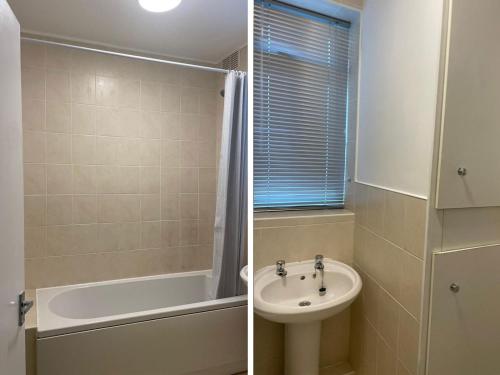 PembertonModa House Wigan - Beautiful 4 Bed Property的一间带水槽、浴缸和卫生间的浴室