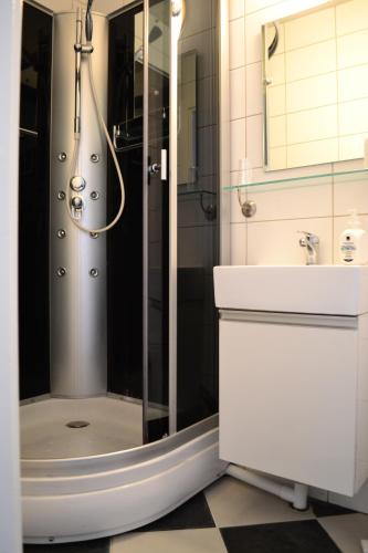 马隆Hotell Skinnargården的带淋浴和盥洗盆的浴室