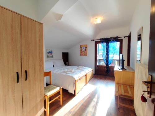阿莱盖Hotel TEA Dolomiti的一间卧室设有一张床和一个大窗户