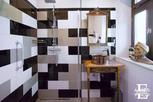 TiszaszentimrePatrimonium Wellness Apartments的浴室设有黑色和白色的瓷砖墙