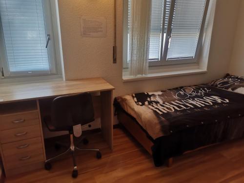 格拉特布鲁格Glatthall的一间卧室配有书桌和一张带椅子的床