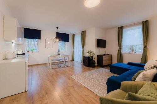 佐洛恰尼Csendes, modern, otthonos társasházi lakás的一间带蓝色沙发的客厅和一间厨房