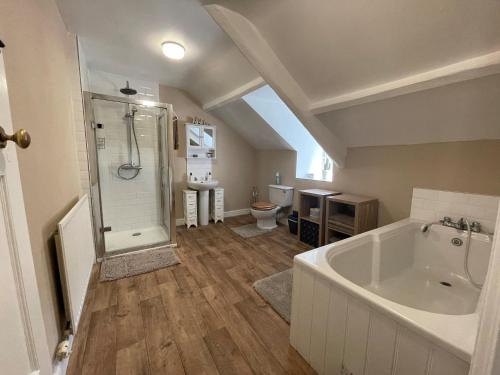 托波因特Carew Lodge & Loft的带浴缸、淋浴和卫生间的浴室