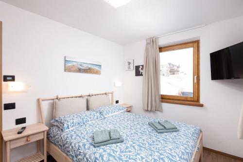 利维尼奥Pianeta Oro Chalet Allegra的一间卧室设有一张床、一台电视和一个窗口。
