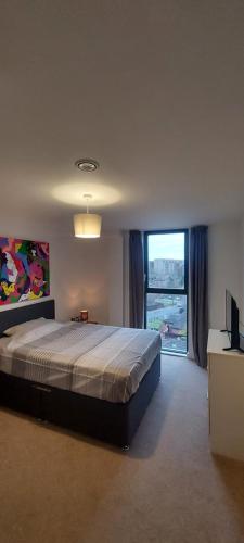 利物浦Chavasse Apartments L15DX的一间卧室设有一张大床和一个大窗户
