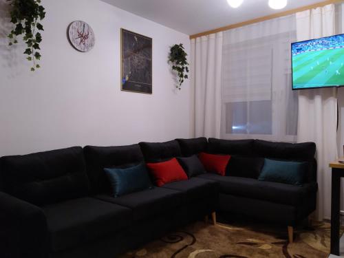 海乌姆Mieszkanie w Centrum Chełma的客厅配有黑色沙发和电视