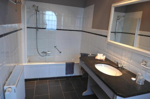 Rebecq-Rognon斯皮诺伊中心酒店的浴室配有水槽、淋浴和浴缸。