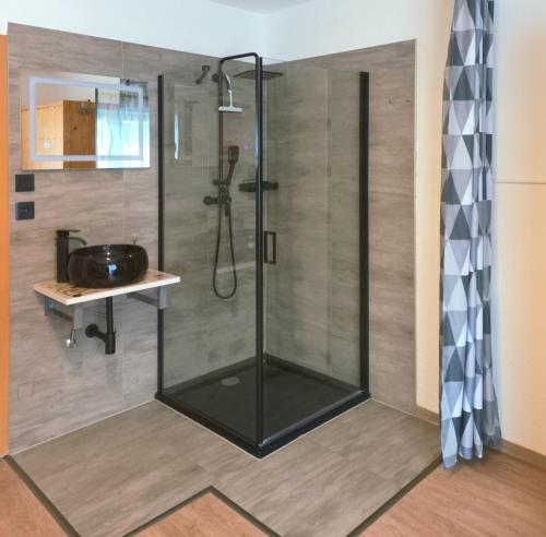 恩斯塔尔豪斯Apartment Steirawohnzimmer的浴室里设有玻璃门淋浴