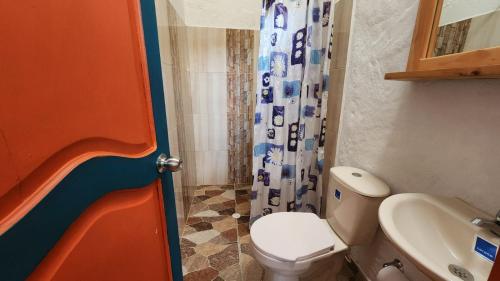 贾丁Hotel Dulce Campestre的一间带卫生间和水槽的小浴室