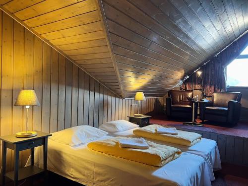 海姆瑟达尔法妮土伦酒店的一间卧室配有两张床和一把椅子。
