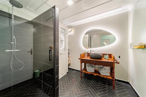 萨拉济La Villa Blanche, Hell-Bourg的带淋浴、盥洗盆和镜子的浴室