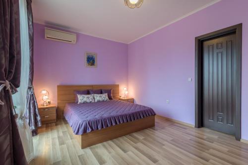 希科尔皮诺夫西Infinity View Shkorpilovci的一间卧室设有紫色墙壁和一张带两盏灯的床