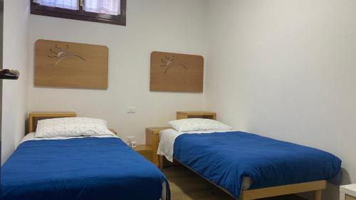 阿尔巴迪卡纳泽伊Cesa del Sass的配有蓝色床单的客房内的两张床