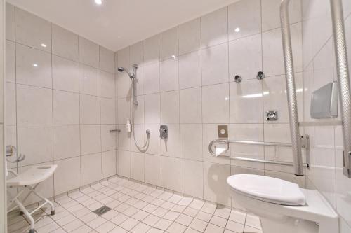 伊瑟隆伊瑟隆STADT酒店的带淋浴、卫生间和盥洗盆的浴室