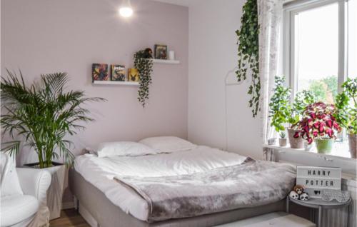 格内斯塔Stunning Home In Gnesta With Wifi的一间卧室设有床铺和植物窗户