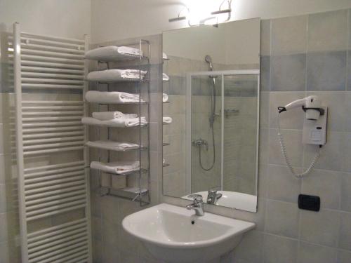 伊塞奥国际酒店的一间带水槽、淋浴和镜子的浴室