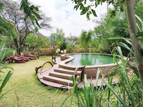 MtowabagaLake Natron Maasai giraffe eco Lodge and camping的通往花园的带楼梯的游泳池