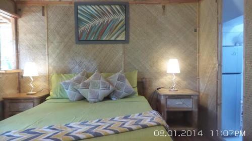 San FranciscoParaiso Cave & Restaurant & Resort的一间卧室配有带枕头的绿色床
