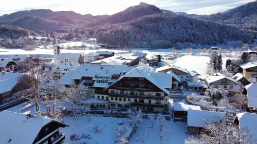 湖滨福煦Hotel Jakob的一座被雪覆盖的小镇,以群山为背景
