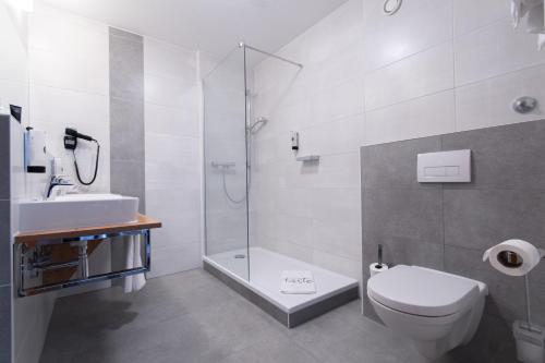 霍根海姆Taste Hotel Hockenheim的带淋浴、卫生间和盥洗盆的浴室