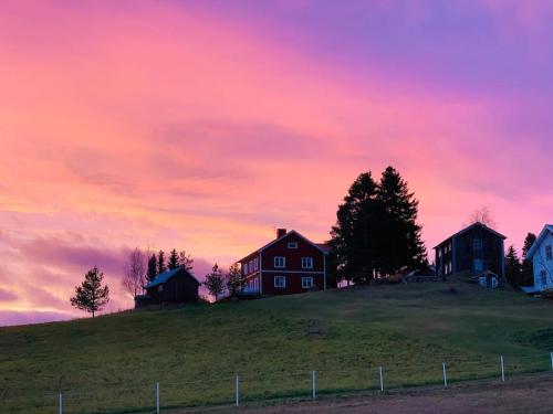 FöllingeAppartement in Jämtland bij Gusto Stables ...的山顶上享有日落美景的房子