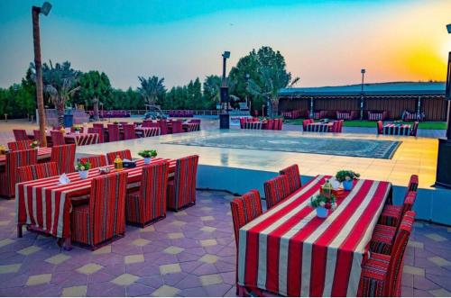 迪拜Desert Safari Dubai Tour Chemist的一个带红色桌椅的庭院和一个游泳池