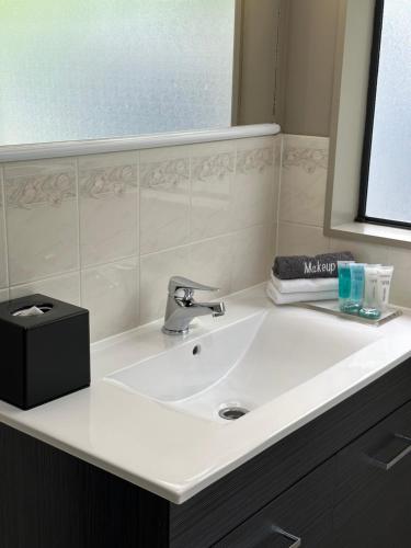 吉斯伯恩白鹭汽车旅馆的浴室设有白色水槽和镜子