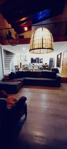 托尔胡因Zorro Azul - Corazón de la Isla - Tierra del Fuego的带沙发和大型灯具的客厅