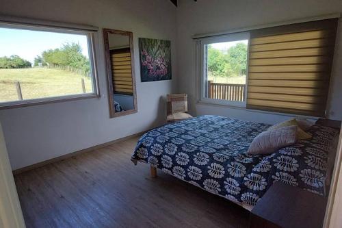 延基韦Cabaña frente al Lago Llanquihue的一间卧室设有一张床和两个窗户。