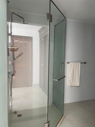暹粒SSK Apartment的浴室里设有玻璃门淋浴