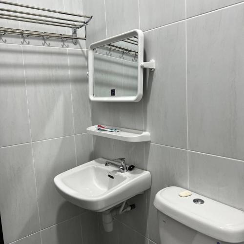 艾尔克如Homestay Ayer Keroh Tasik Utama的一间带水槽、镜子和卫生间的浴室