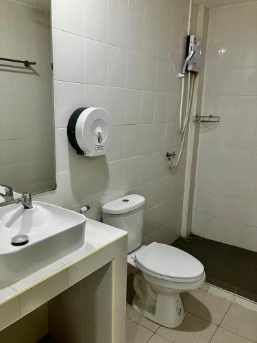 乌隆他尼บ้านพักสำหรับ 10 ท่าน的一间带卫生间、水槽和镜子的浴室