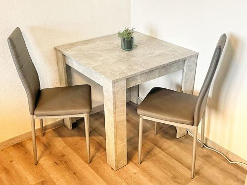 杜塞尔多夫Apartment nähe Flughafen DUS的一张桌子,两把椅子,一张桌子,上面有植物
