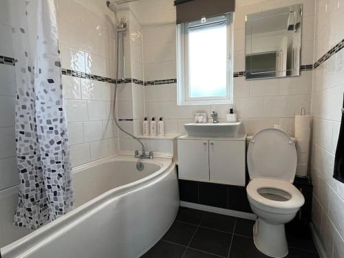格拉斯哥Spacious home near Glasgow Green的带浴缸、卫生间和盥洗盆的浴室