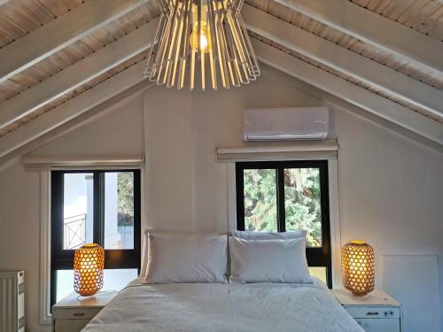 普拉特斯Phaedrus Living: Luxury Maisonette Platres的一间卧室配有一张带两个窗户和吊灯的床。