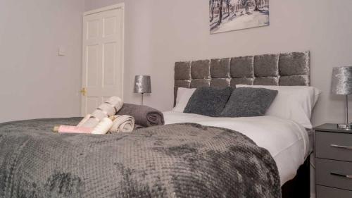 考文垂Lovely Home in Coventry的一间带两张床和梳妆台的卧室