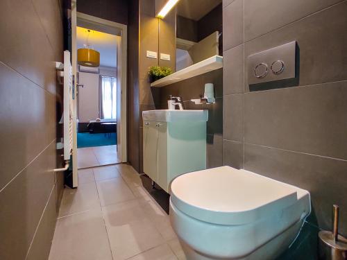 萨格勒布塞林达公寓 的浴室设有蓝色的卫生间和水槽。