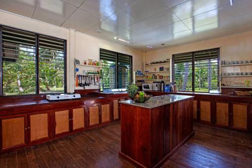 圣维森特Gilligans Port Barton Beach Resort的一个带木制台面和窗户的大厨房