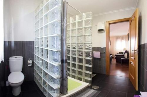 阿维莱斯Villa Paula的浴室设有卫生间和带玻璃面板的淋浴间。