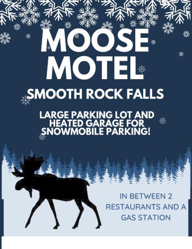 Smooth Rock FallsMoose Motel的一张挂着 ⁇ 鹿跑照片的 ⁇ 鹿汽车旅馆的传单