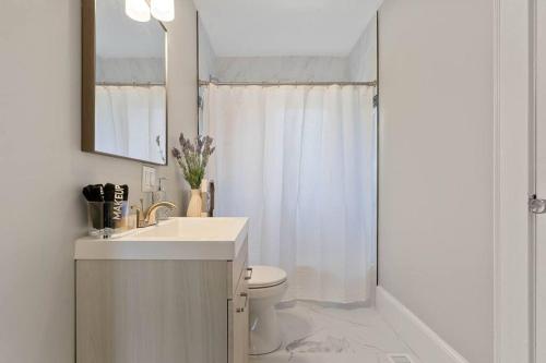夏洛特Cozy 4B Retreat Near Uptown King Beds Sleeps 12的白色的浴室设有水槽和卫生间。