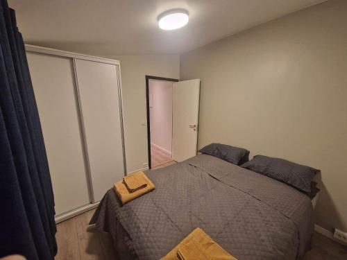 特罗姆瑟Northern living 2 room with shared bathroom的一间卧室配有一张床,床上有毛巾