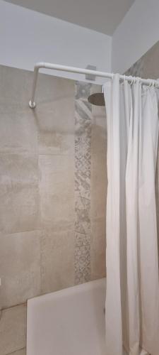 博洛尼亚Farolfi Apartments Galliera Rooms & Apartments的浴室内带白色窗帘的淋浴