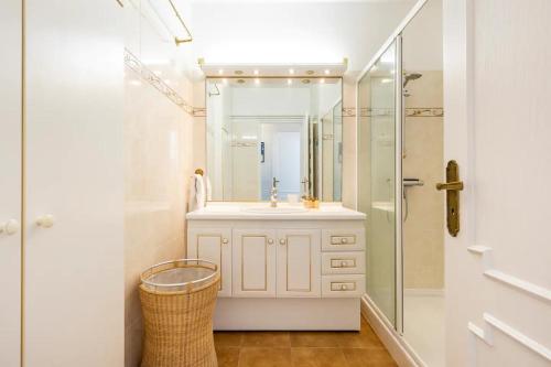 尼斯Eat - Sleep - Wander Chic and Cosy Flat的浴室配有盥洗盆和带镜子的淋浴