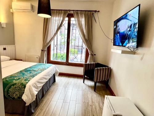 圣地亚哥HOTEL BOUTIQUE CASA NOBLE SPA的一间卧室配有一张床,墙上配有电视